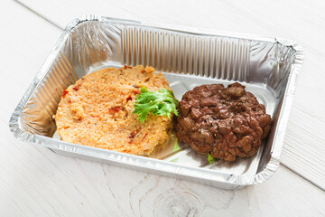 Healthy food in boxes, diet concept.