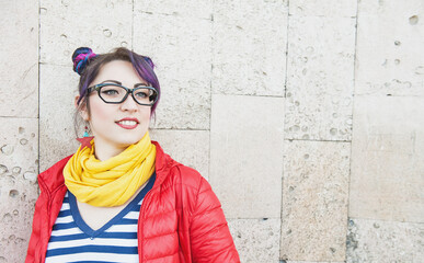 Young beautiful fashion hipster woman with colorful hair