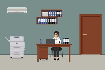 Workplace of office worker. The young woman is an employee at work. There is a table, a copy machine, shelves for documents and other objects in the picture. Vector flat illustration.