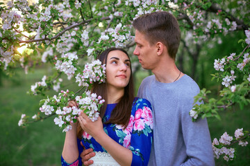 Loving guy and girl in a blooming apple orchard at sunset