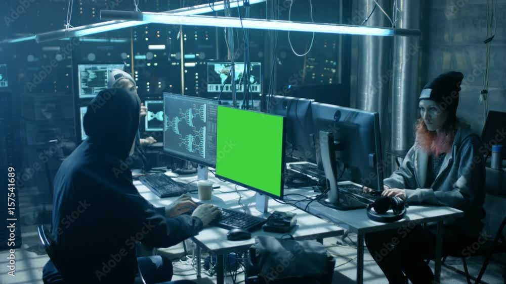 Poster team of internationally wanted teenage hackers with green screen mock-up display infect servers and 