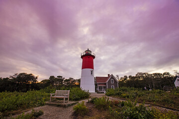 Nauset Lighthouse purple sunset in Cape Cod-Massachusetts