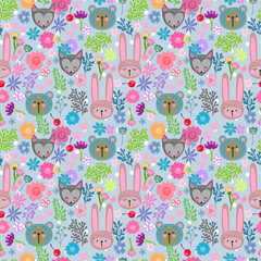 Vector seamless pattern with cute animals. Beautiful children's print with bunny, teddy bear, fox and flower. Cute children's pattern.