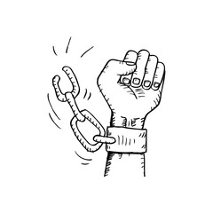 Male hand breaking steel handcuffs. Sketchy style.