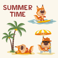 Obraz na płótnie Canvas Summer time. Set happy squirrel resting on beach. Collection cartoon squirrel surfing, laying under palm tree, resting in sun lounger with cocktail.
