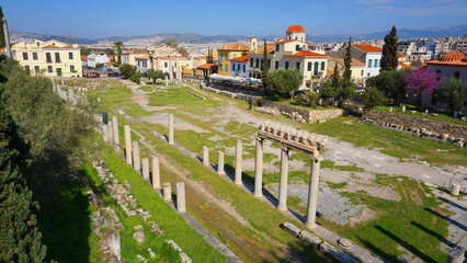 Fototapeta premium Photo from picturesque Plaka area in center of Athens and Roman Forum archaeological site, Attica, Greece