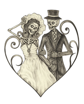Sugar skull couple love wedding day of the dead design by hand pencil drawing on paper.