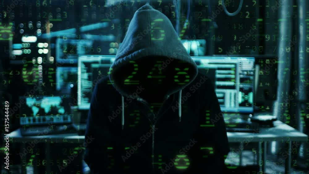 Aufkleber Dangerous Internationally Wanted Hacker with Covered Face Speaks into the Camera with Raining Numbers Video Effect. In the Background His Operating Room with Multiple Displays and Cables.