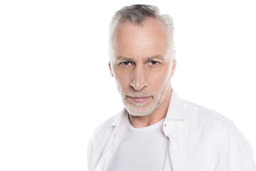 Close-up portrait of handsome bearded mature man looking at camera