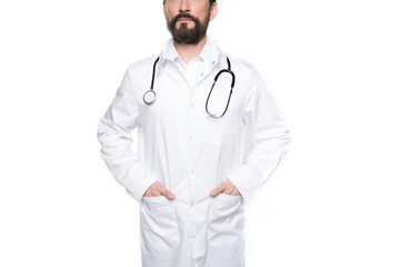 cropped view of adult bearded doctor in white coat with stethoscope isolated on white