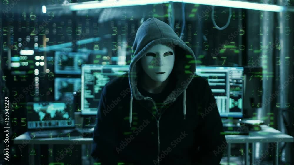 Poster Dangerous Internationally Wanted Hacker with Masked Face Speaks into the Camera with Raining Numbers Video Effect. Shot on RED EPIC-W 8K Helium Cinema Camera.