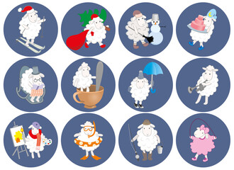 set of round stickers with a picture of a sheep. vector graphics