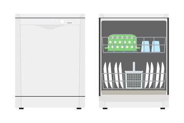 Flat icon closed dishwasher and opened dishwasher with dishes. Vector illustration.