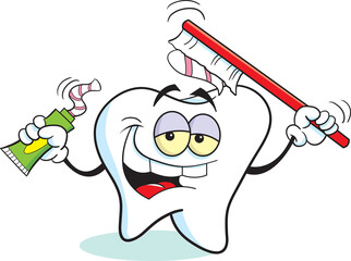 Cartoon illustration of a tooth holding a tube of toothbrush and toothpaste.