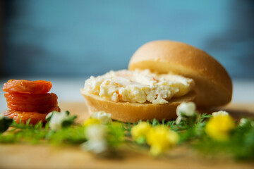 Many kinds of sandwiches, bruschetta, and tea, coffee, fresh juice - for a family breakfast. The top view