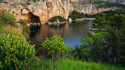 Spring photo of famous Lake Vouliagmeins, Athens riviera, Attica, Greece