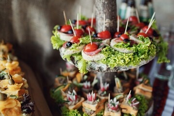 Tired wooden dishes with little sandwiches and other salty snacks
