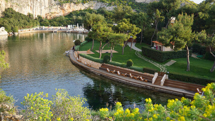 Spring photo of famous Lake Vouliagmeins, Athens riviera, Attica, Greece