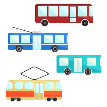 City public transport set. Colorful bus, trolley and tram icons