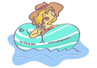 Colorful vector cartoon with stylish blond woman swimming on float and drinking cocktail, isolated on white background.