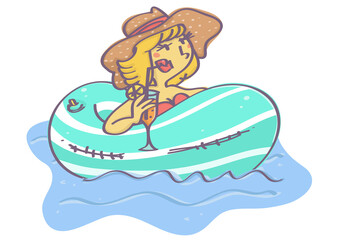Naklejka premium Colorful vector cartoon with stylish blond woman swimming on float and drinking cocktail, isolated on white background.