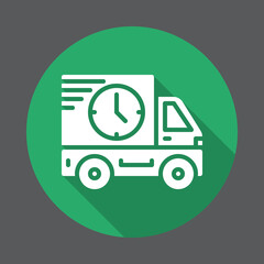 Delivery truck with clock flat icon. Round colorful button, Fast shipping circular vector sign with long shadow effect. Flat style design