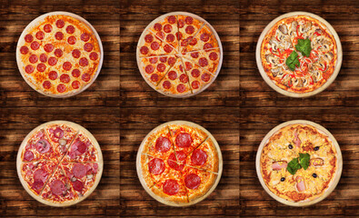 Six pizzas différentes pour le menu. Cuisine traditionnelle italienne. Pizzas à la viande avec mozzarella, salami, saucisses, pepperoni et jambon.
