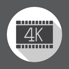 4k video flat icon. Round button, circular vector sign with long shadow effect. Flat style design