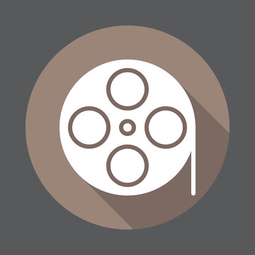 Film reel flat icon. Round colorful button, circular vector sign with long shadow effect. Flat style design