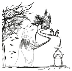 Illustration of witch with Halloween pumpkin