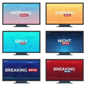 Set of Mass media. Morning, night, daily and evening news. Breaking news banner. Live. Television studio. TV show.