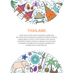 Culture of Thailand template. Hand drawn design concept with the main attractions of Thailand.