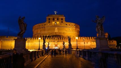 Fototapeta na wymiar Night shot of iconic Castel di Saint Angelo, Rome, Italy
