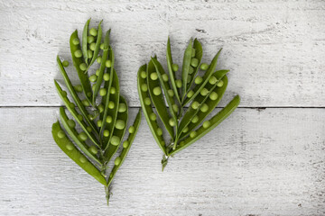 Green peas in pods, freshly picked, arranged on white wooden background. Top view