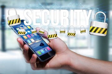 Concept of man holding interactive interface with security title and multimedia padlock icons flying all around - Internet concept