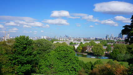 Photo from Greenwich Park and Observatory with views to Canary Warf in isle of Dogs on a sunny spring morning, London, United Kingdom