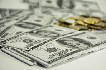 Finance concept. Money stacks. Hundred dollar banknotes isolated on white background. Money concept. Stack growing business.