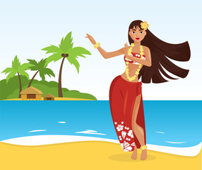 Hawaiian hula dancer young pretty woman. Vector illustration
