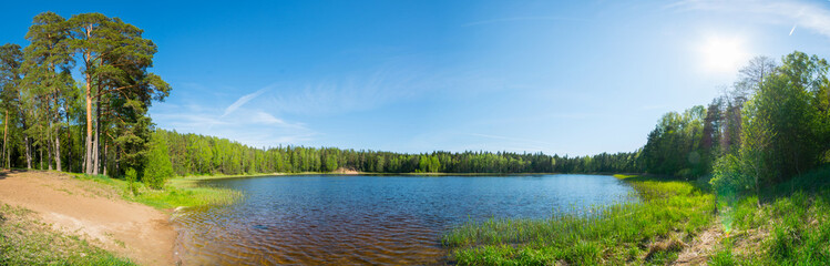 Blue lake Panorama. Summer nature landscape.