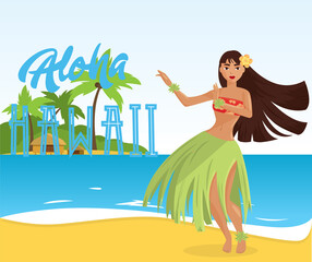 Hawaiian hula dancer young pretty woman. Vector illustration
