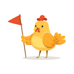Funny cartoon chick bird standing and holding red flag colorful character vector Illustration