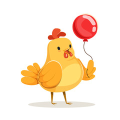 Funny cartoon chick bird standing with red balloon colorful character vector Illustration