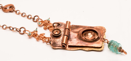 Hinged or Book Necklace on a Chain with Aqua Glass Beads Dangling from Bottom