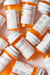 A bunch of prescription pill bottles grouped on a table with white background - obrazy, fototapety, plakaty