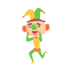 Funny cartoon clown in a jester hat with green nose colorful cartoon character vector Illustration