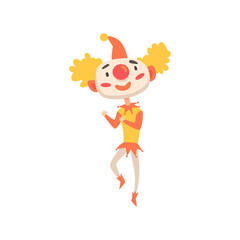Funny clown in a red hat dancing colorful cartoon character vector Illustration