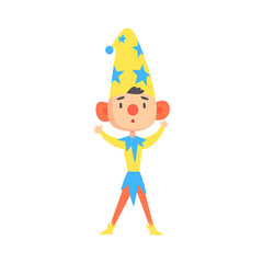 Boy in a clown medieval costume colorful cartoon character vector Illustration