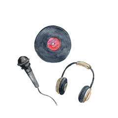 watercolor drawing vinyl record, microphone and headphones