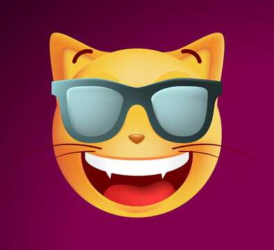 Cute Very Happy with Sunglasses Emoticon Cat on Dark Background. Isolated Vector Illustration 