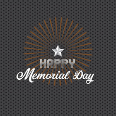 Memorial Day background with white stars, lettering and rays of burst. Template of greeting card for Memorial Day. Vector illustration.